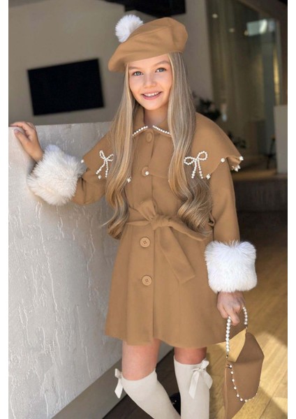 Kız Çocuk Boydan Yakası Inci Taş Işlemeli Şal Detaylı Kemerli Bej Kaşe fırsatları