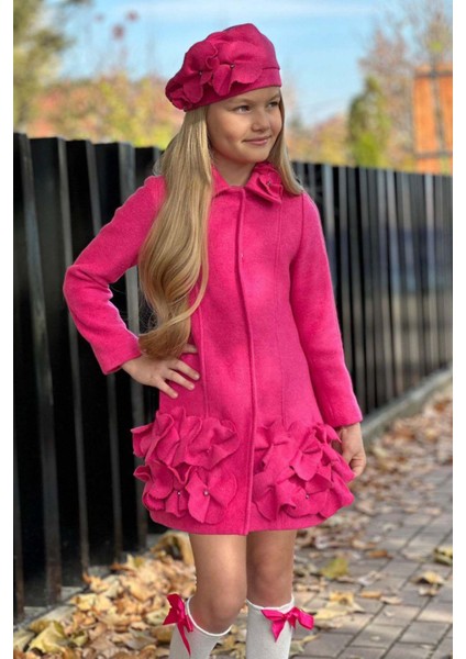 Kız Çocuk Yakası Taş ve Yonca Detaylı Çıtçıt Düğmeli Fuşya Kaşe