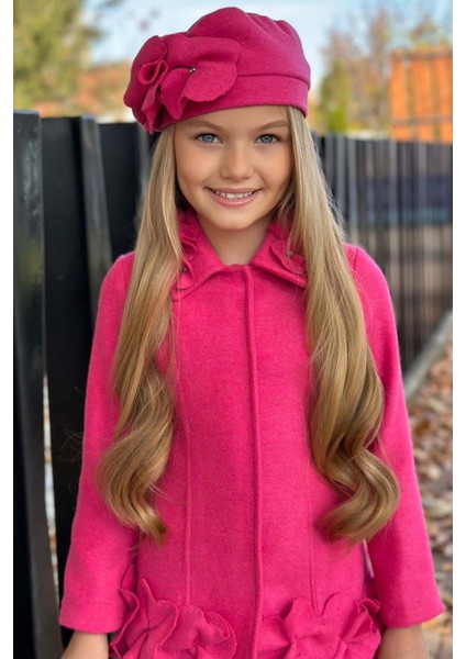 Kız Çocuk Yakası Taş ve Yonca Detaylı Çıtçıt Düğmeli Fuşya Kaşe fiyatları