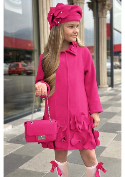 Kız Çocuk Yakası Taş ve Yonca Detaylı Çıtçıt Düğmeli Fuşya Kaşe modelleri