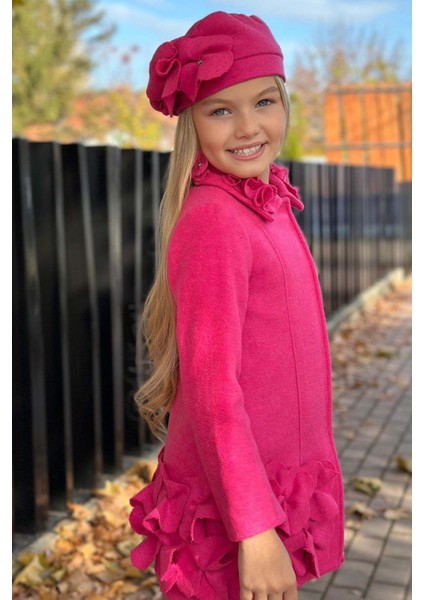 Kız Çocuk Yakası Taş ve Yonca Detaylı Çıtçıt Düğmeli Fuşya Kaşe fırsatları