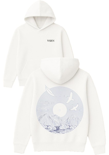 Dağ Kuşları Tasarım Baskılı Oversize Beyaz Kapüşonlu Sweatshirt