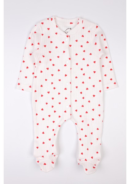 Yenidoğan Patikli Tulum Kırmızı Kalpli Çıtçıtlı Bebek Tulumu