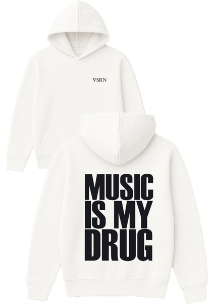 Musıc My Tasarım Baskılı Oversize Beyaz Kapüşonlu Sweatshirt