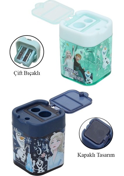 2 Li Kalemtraş 2 Adet Karlar Kraliçesi Geniş Hazneli Çift Bıçaklı Kalem Traş No3 Figürlü Jumbo Kalemtıraş