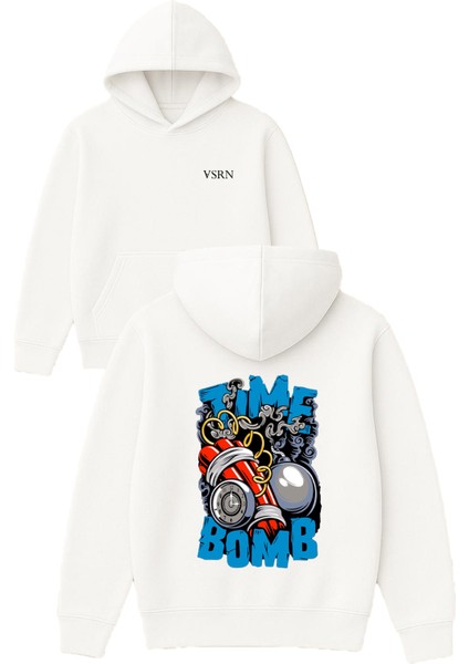 Tıme Bomb Tasarım Baskılı Oversize Beyaz Kapüşonlu Sweatshirt