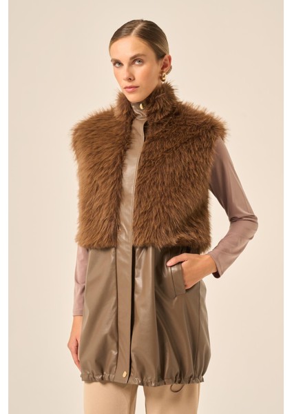 Bayan Pelüs Detay Deri Yelek Kahve 31243