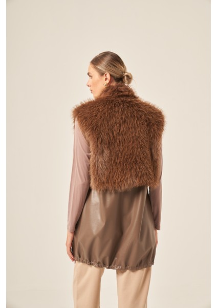 Bayan Pelüs Detay Deri Yelek Kahve 31243