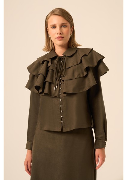 Bayan Süet Fırfırlı Takım Haki 31247