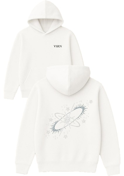 Kar Kristalleri Tasarım Baskılı Oversize Beyaz Kapüşonlu Sweatshirt