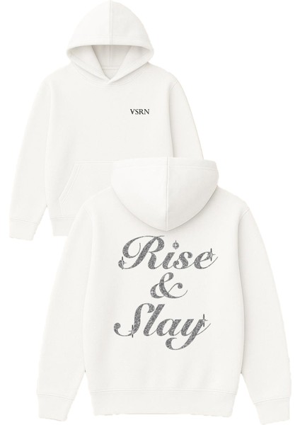 Rise And Slay Tasarım Baskılı Oversize Beyaz Kapüşonlu Sweatshirt