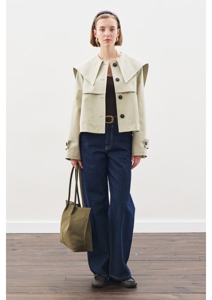 Geniş Yaka Gabardin Ceket Soft Yeşil