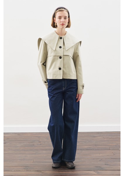 Geniş Yaka Gabardin Ceket Soft Yeşil indirimleri