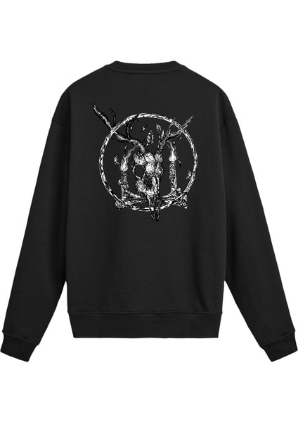 Sırt Baskılı Boynuzlu Kurukafa Tasarımlı Sweatshirt