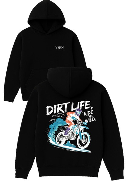 Dırt Life Tasarım Baskılı Oversize Siyah Kapüşonlu Sweatshirt