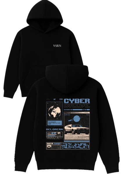 Cyber Drive Tasarım Baskılı Oversize Siyah Kapüşonlu Sweatshirt