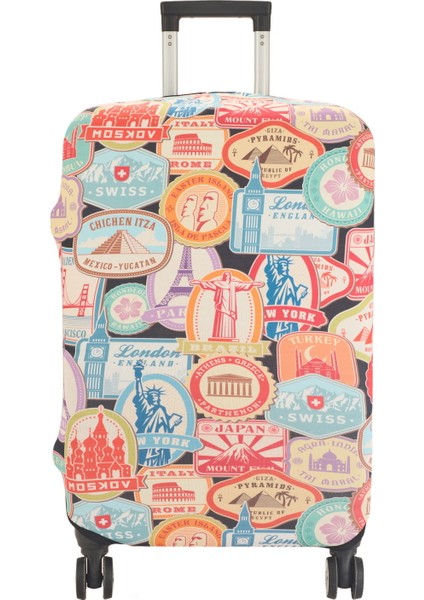 Mektup Pulu Baskılı Orta Boy Valiz Kılıfı - Renkli - 64X45X26 cm