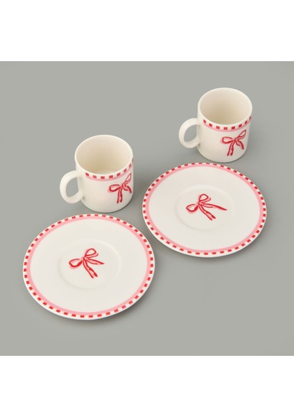 Kitchen Ribbon 2'li Porselen Kahve Fincanı Takımı - Pembe / Beyaz - 110 ml fiyatları