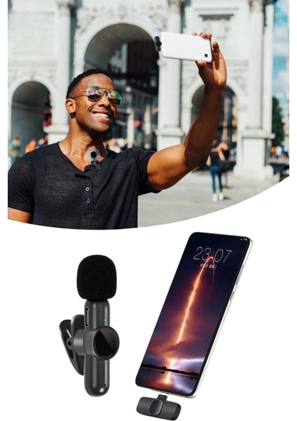 Type C Uyumlu Iphone Dönüştürücülü Kablosuz Yaka Mikrofonu Android ve Iphone Uyumlu Mini Mikrofon