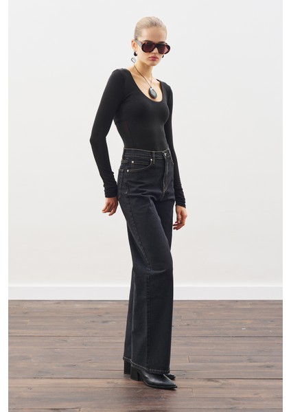 Uzun Hafif Geniş Paça Jean Pantolon Siyah