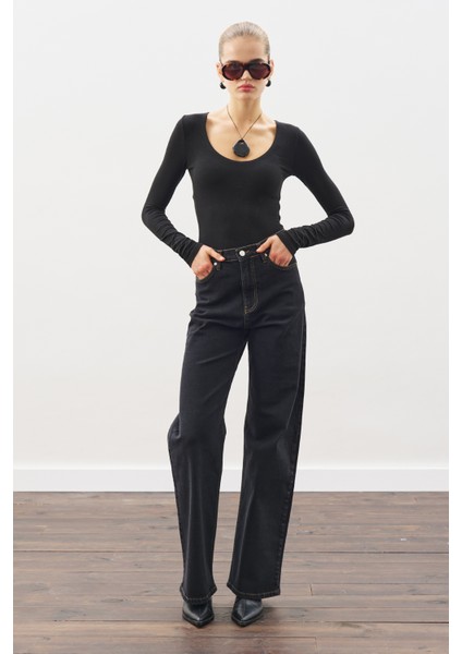 Uzun Hafif Geniş Paça Jean Pantolon Siyah fiyatları
