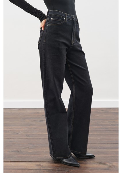 Uzun Hafif Geniş Paça Jean Pantolon Siyah modelleri