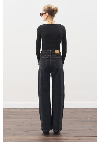Uzun Hafif Geniş Paça Jean Pantolon Siyah indirimleri