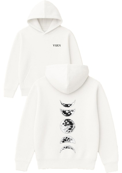 Ay Çeşitleri Tasarım Baskılı Oversize Beyaz Kapüşonlu Sweatshirt