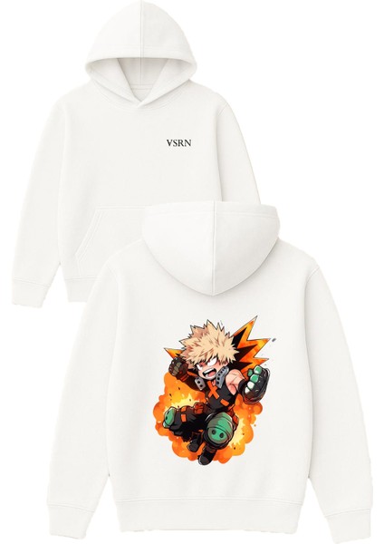 Bomba Anime Tasarım Baskılı Oversize Beyaz Kapüşonlu Sweatshirt