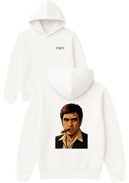 Tony Montana Reis Tasarım Baskılı Oversize Beyaz Kapüşonlu Sweatshirt