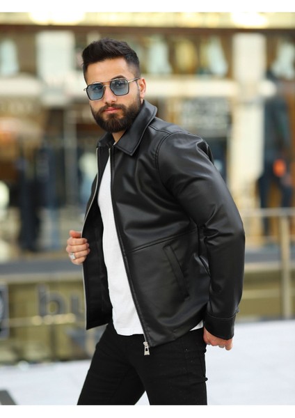 Erkek Fermuarlı Slim Fit Deri Ceket