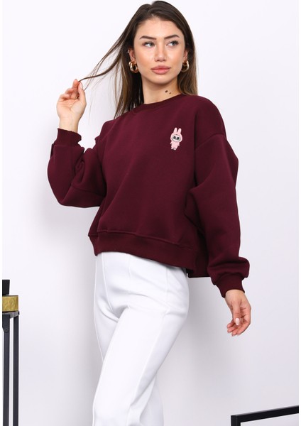 Mürdüm Bisiklet Yaka Nakışlı Üç İplik Kısa Oversize Sweat