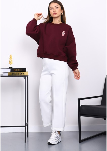 Mürdüm Bisiklet Yaka Nakışlı Üç İplik Kısa Oversize Sweat fiyatları