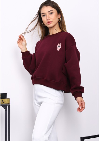 Mürdüm Bisiklet Yaka Nakışlı Üç İplik Kısa Oversize Sweat modelleri