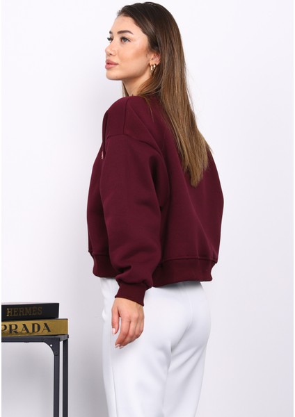 Mürdüm Bisiklet Yaka Nakışlı Üç İplik Kısa Oversize Sweat fırsatları