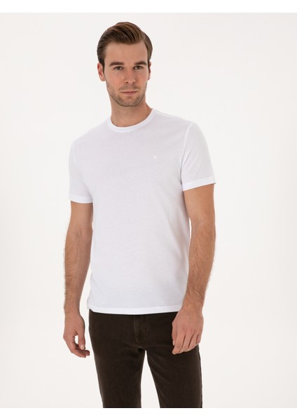 Erkek Beyaz Slim Fit %100 Pamuk Bisiklet Yaka Basic T-Shirt 50324401-VR013