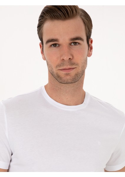 Erkek Beyaz Slim Fit %100 Pamuk Bisiklet Yaka Basic T-Shirt 50324401-VR013 fiyatları
