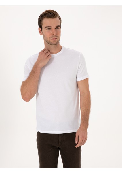 Erkek Beyaz Slim Fit %100 Pamuk Bisiklet Yaka Basic T-Shirt 50324401-VR013 modelleri