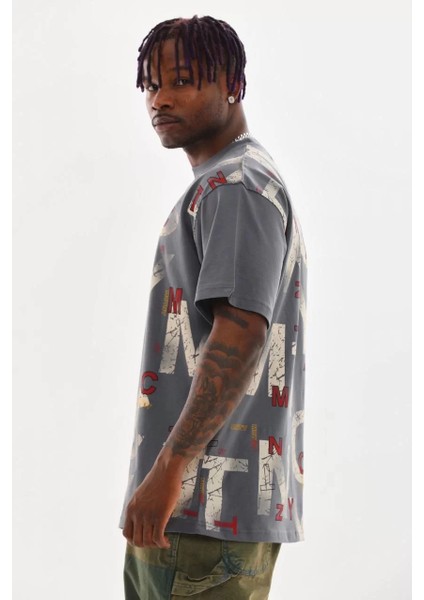 Unisex Baskılı Oversize T-Shirt - Füme fırsatları