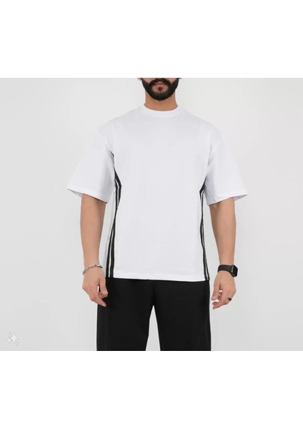Unisex Oversize Yanları Şeritli T-Shirt - Beyaz fiyatları