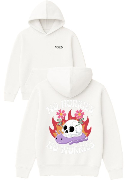 No Hurrıes Tasarım Baskılı Oversize Beyaz Kapüşonlu Sweatshirt