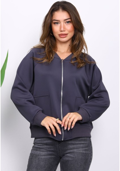 Füme Fermuarlı Scuba Kısa Ceket