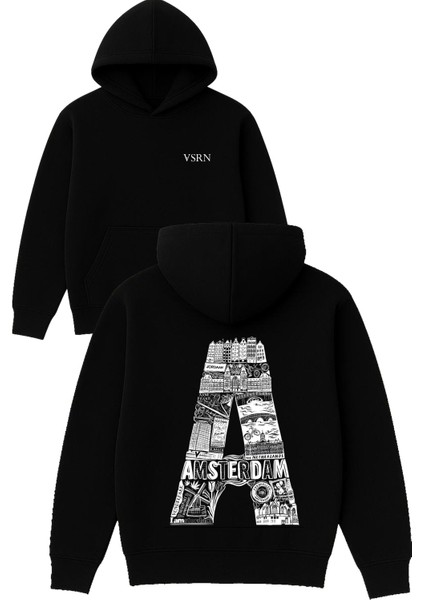Amsterdam A Tasarım Baskılı Oversize Siyah Kapüşonlu Sweatshirt