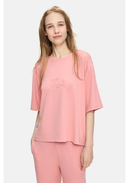 Jayla Pembe Bisiklet Yaka Gofre Baskı Loose Fit Kadın Tshirt