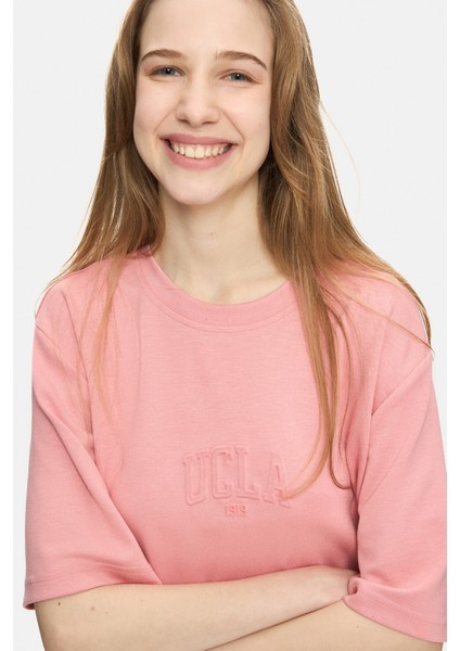 Jayla Pembe Bisiklet Yaka Gofre Baskı Loose Fit Kadın Tshirt fiyatları