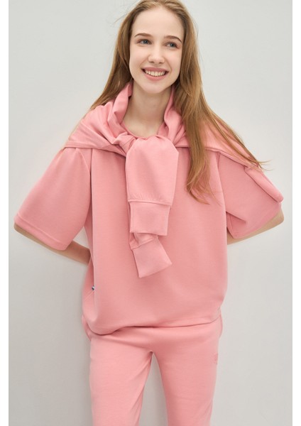 Jayla Pembe Bisiklet Yaka Gofre Baskı Loose Fit Kadın Tshirt modelleri