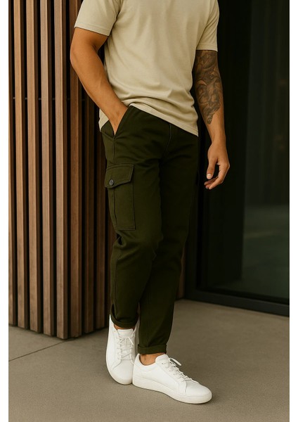 Erkek Bol Paça Trend Haki Gabardin Kargo Pantolon fırsatları