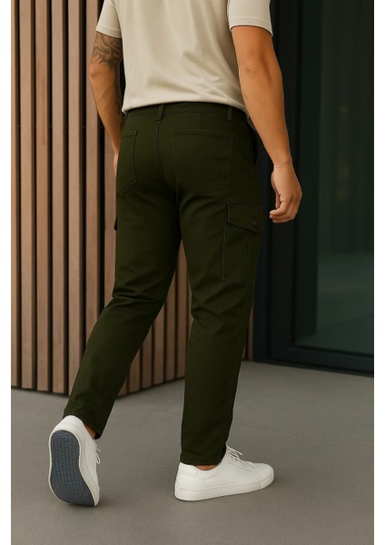 Erkek Bol Paça Trend Haki Gabardin Kargo Pantolon
