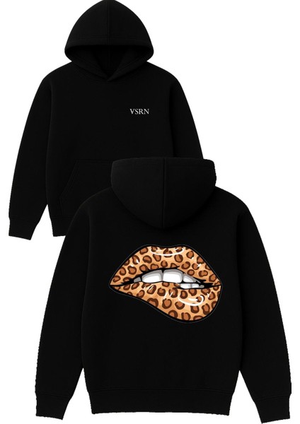 Leopar Rujlu Dudak Tasarım Baskılı Oversize Siyah Kapüşonlu Sweatshirt