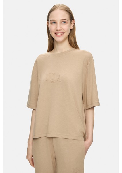 Jayla Koyu Bej Bisiklet Yaka Gofre Baskı Loose Fit Kadın Tshirt